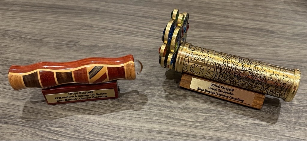 Brian Marshall's Kscope26 presentations Top Speaker award trophies